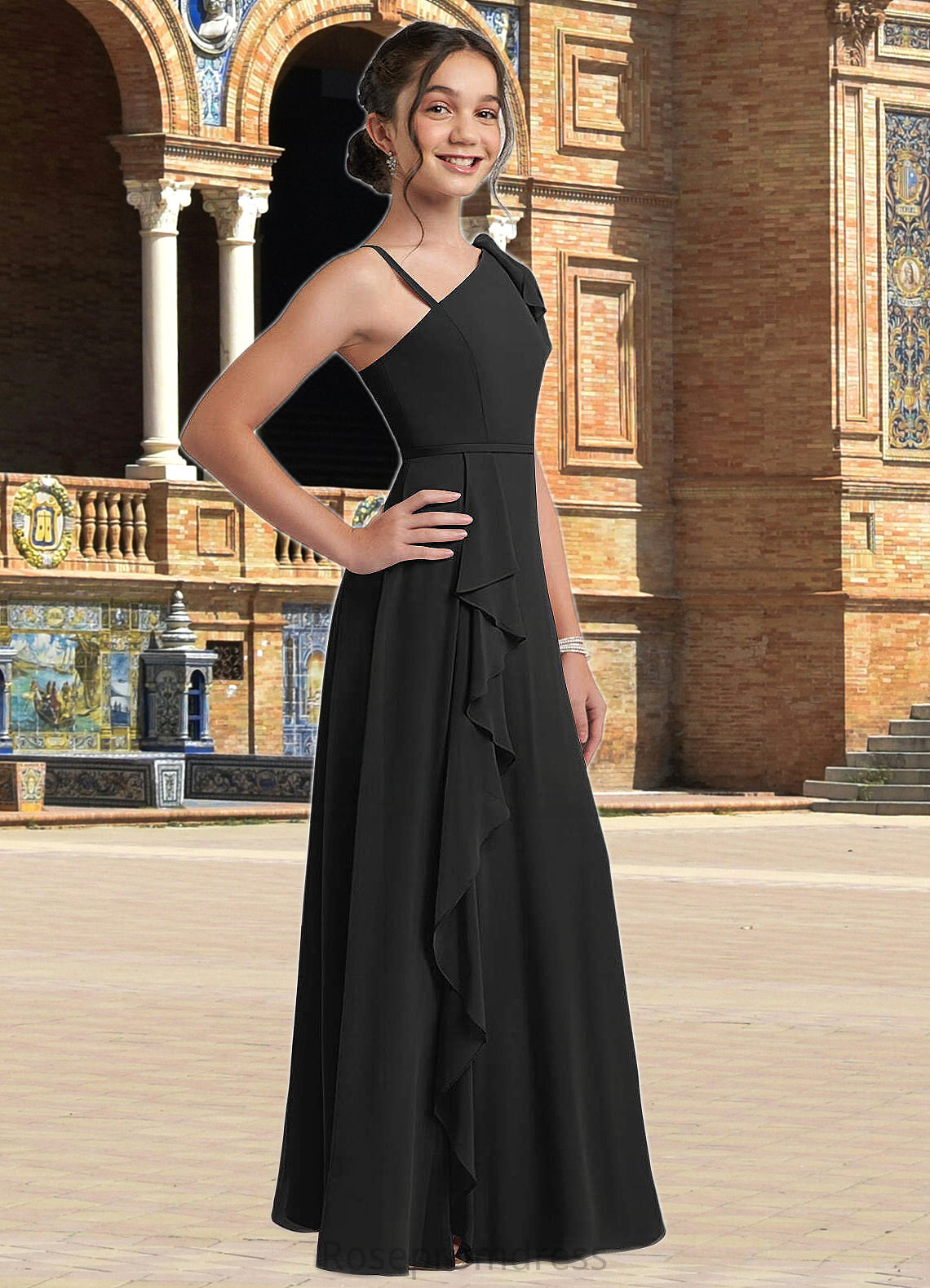 Stacy A-Line Bow Chiffon Floor-Length Junior Bridesmaid Dress black SRSP0022850