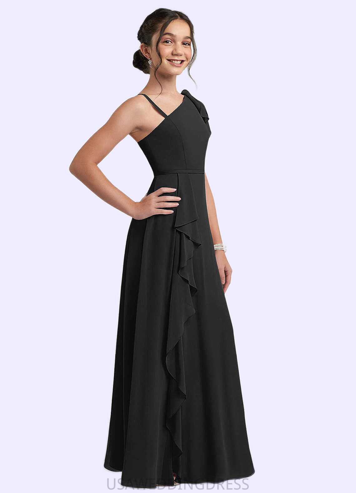 Brynlee A-Line Bow Chiffon Floor-Length Junior Bridesmaid Dress black DSP0022850