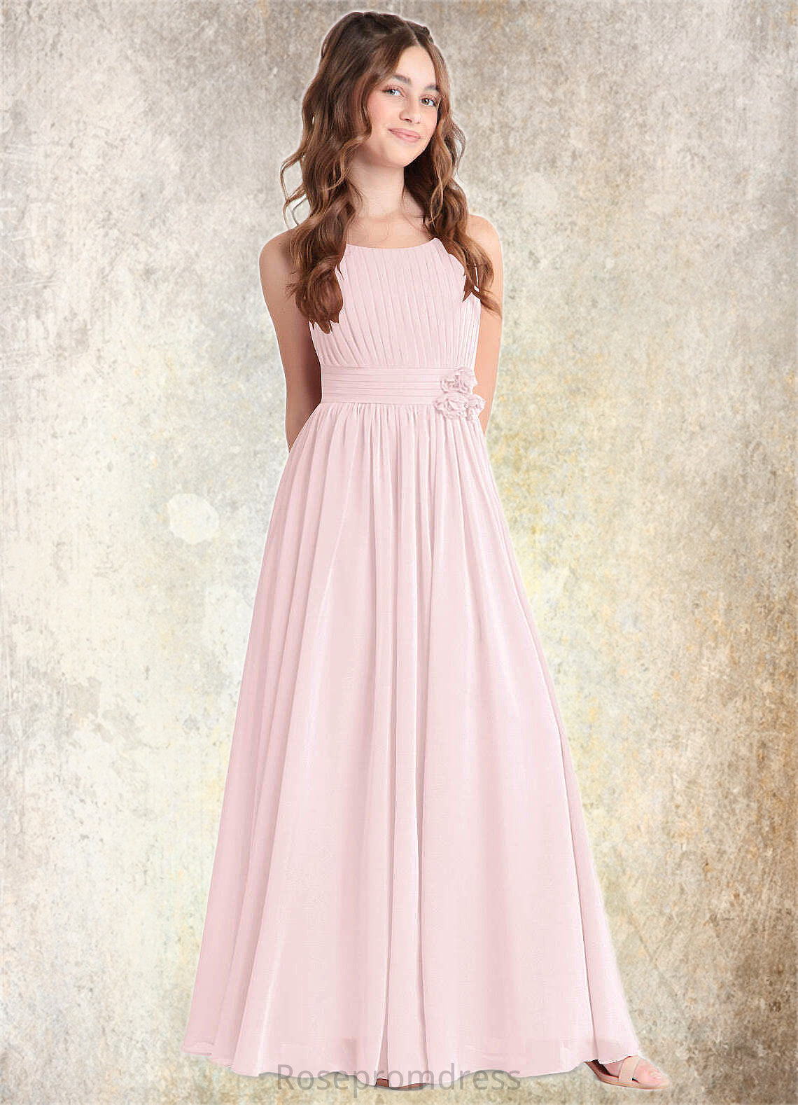 Shaniya A-Line Floral Chiffon Floor-Length Junior Bridesmaid Dress Blushing Pink SRSP0022851