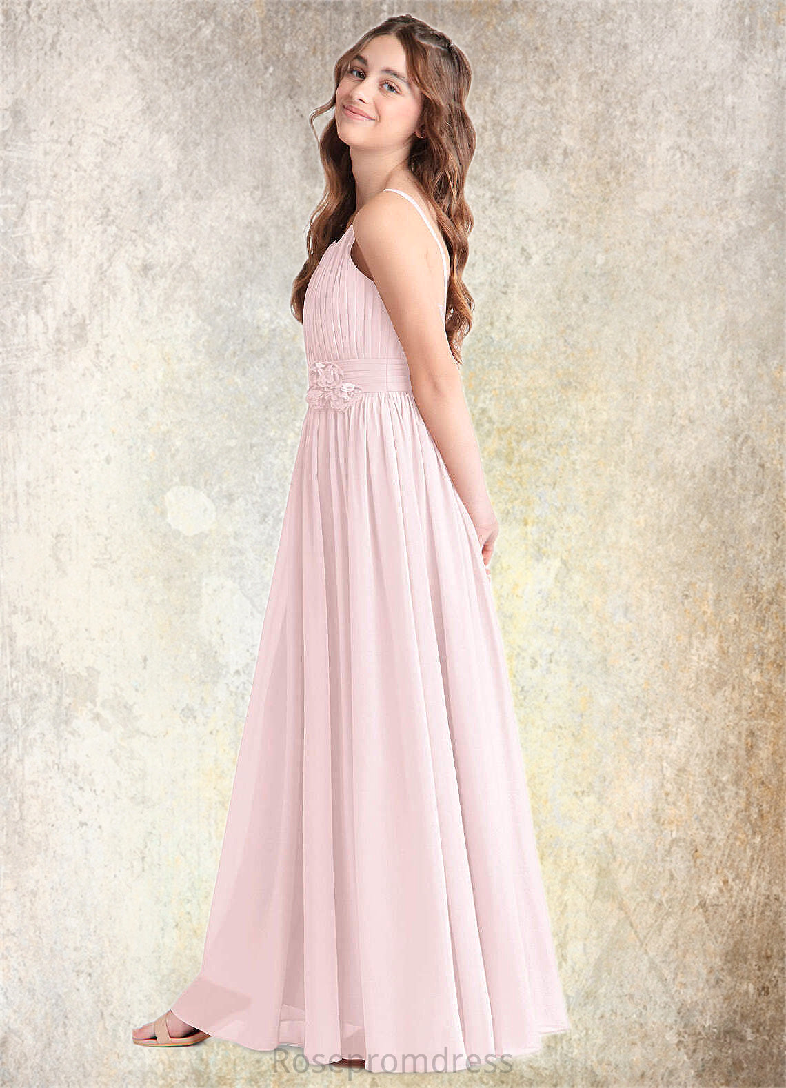 Shaniya A-Line Floral Chiffon Floor-Length Junior Bridesmaid Dress Blushing Pink SRSP0022851