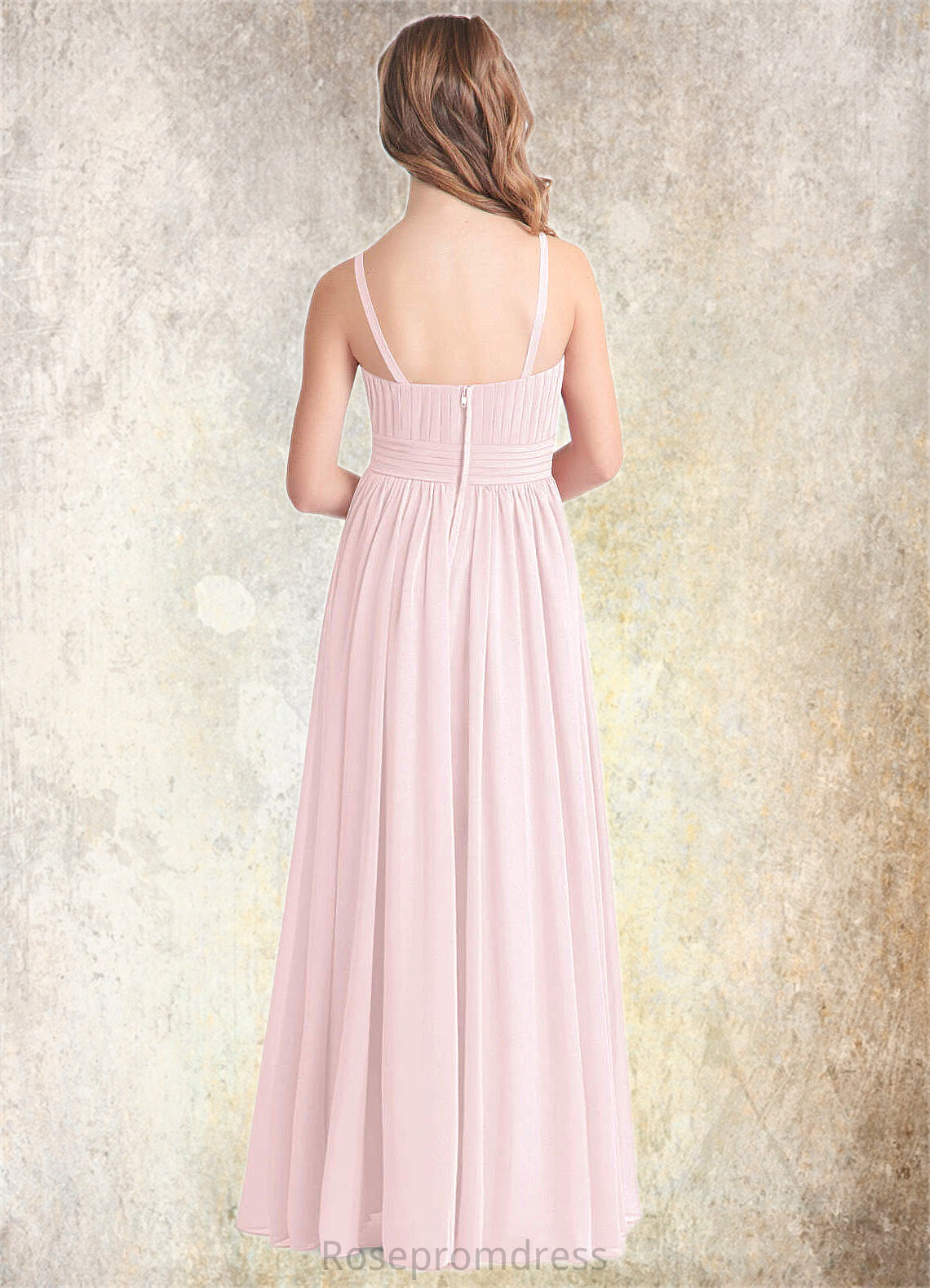 Shaniya A-Line Floral Chiffon Floor-Length Junior Bridesmaid Dress Blushing Pink SRSP0022851