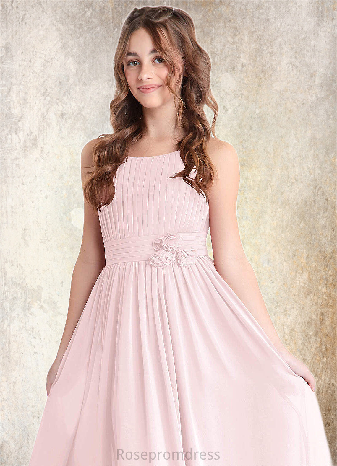 Shaniya A-Line Floral Chiffon Floor-Length Junior Bridesmaid Dress Blushing Pink SRSP0022851