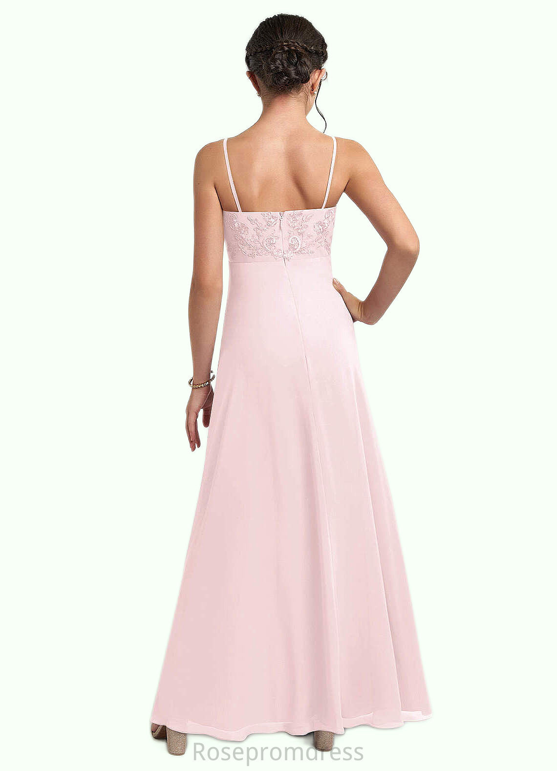 Gill A-Line Lace Chiffon Floor-Length Junior Bridesmaid Dress Blushing Pink SRSP0022853