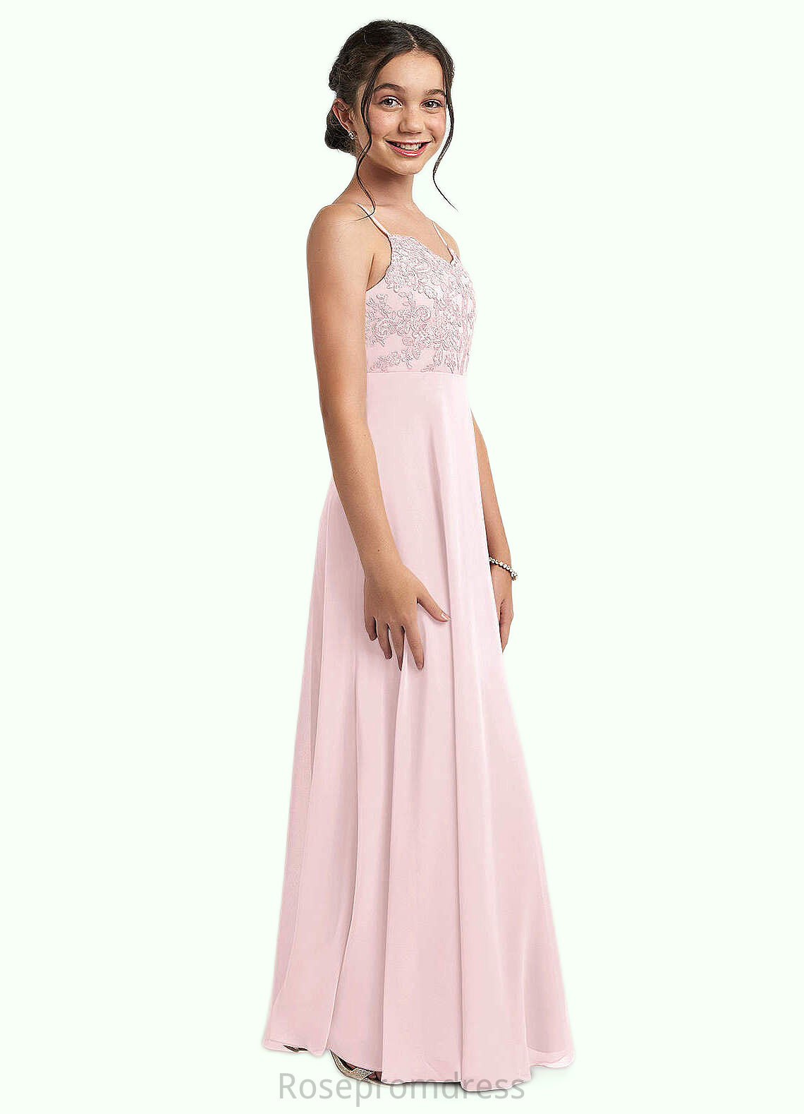 Gill A-Line Lace Chiffon Floor-Length Junior Bridesmaid Dress Blushing Pink SRSP0022853