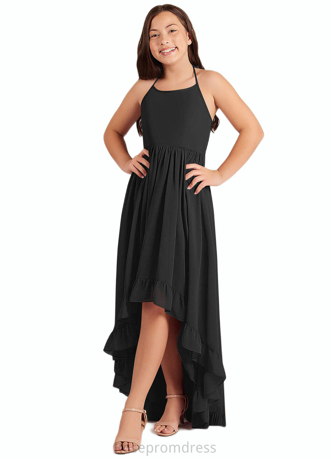 Laylah A-Line Lace Chiffon Asymmetrical Junior Bridesmaid Dress black SRSP0022855