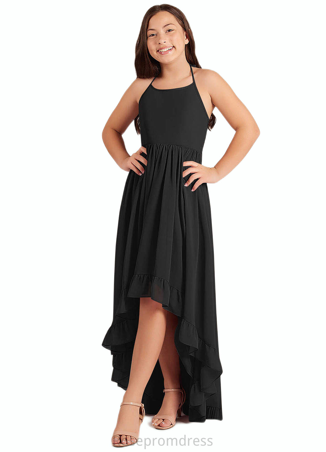 Laylah A-Line Lace Chiffon Asymmetrical Junior Bridesmaid Dress black SRSP0022855