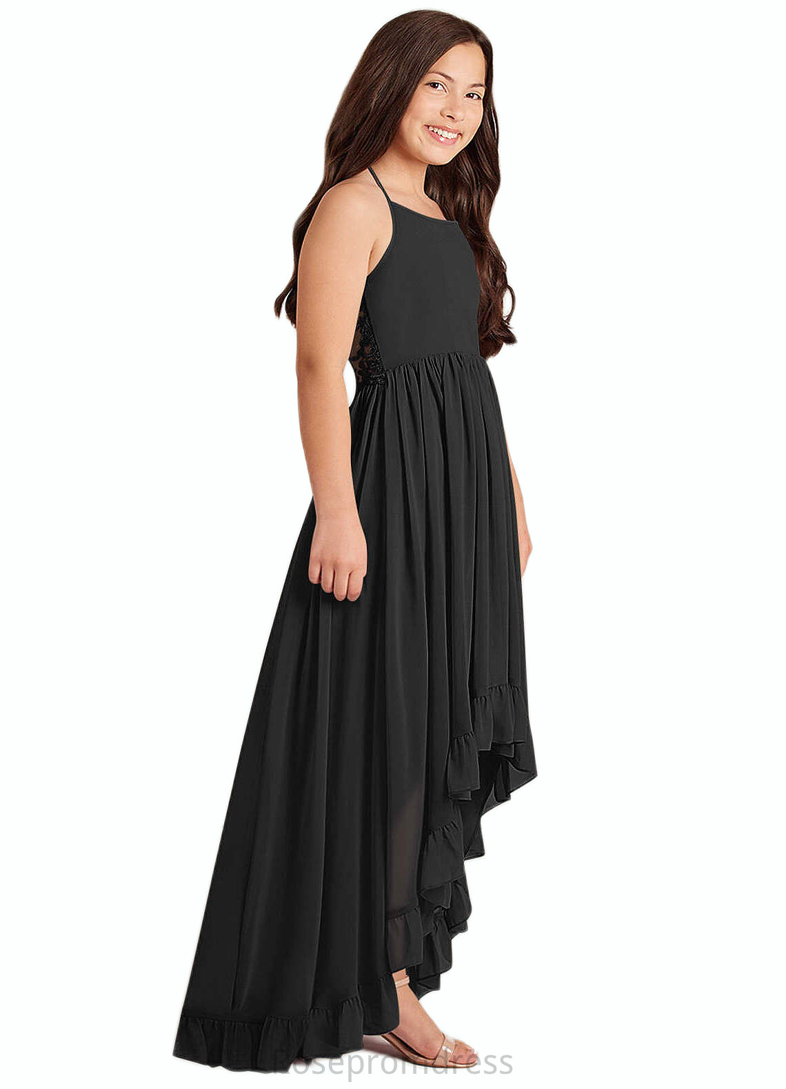 Laylah A-Line Lace Chiffon Asymmetrical Junior Bridesmaid Dress black SRSP0022855