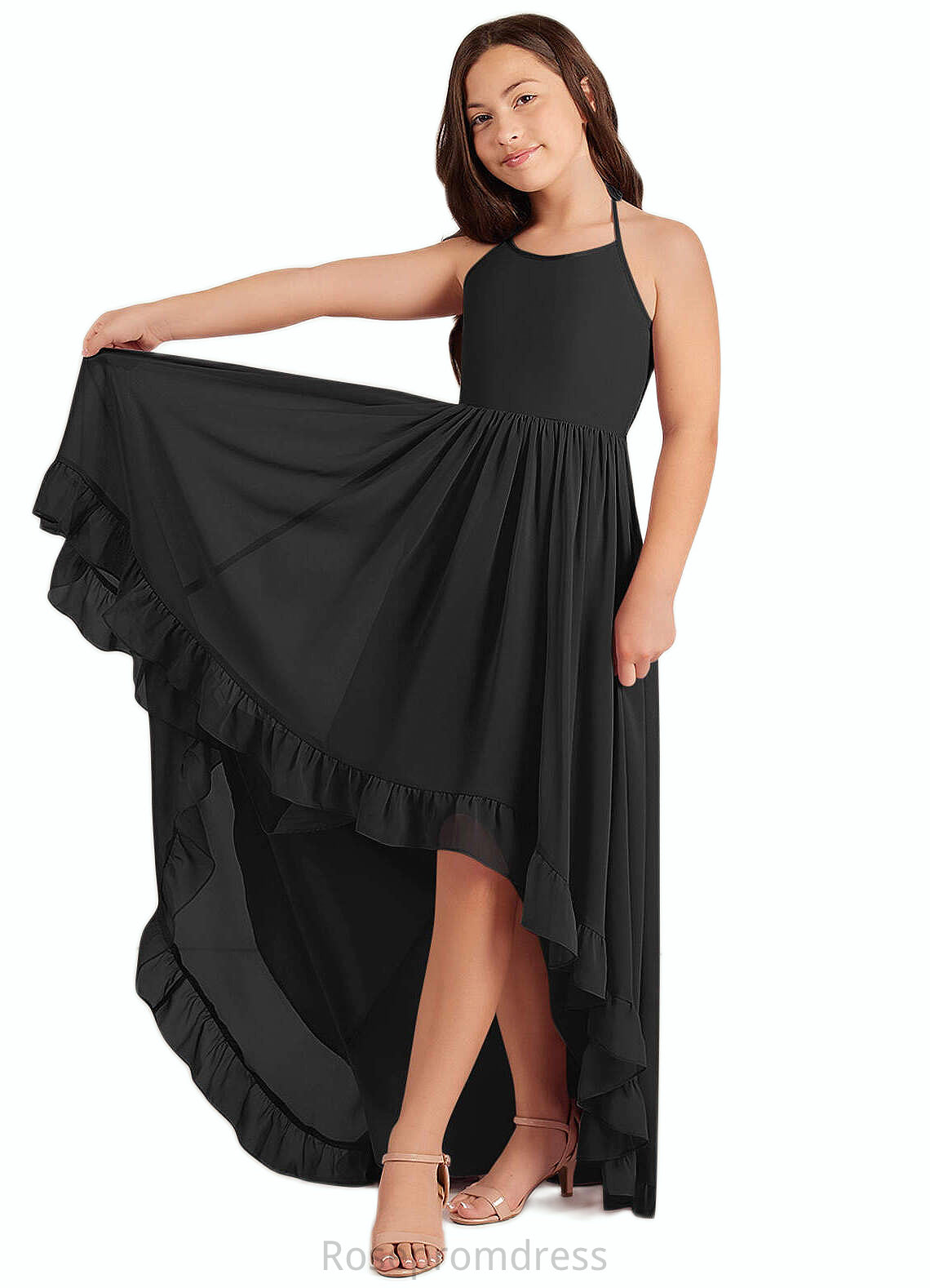 Laylah A-Line Lace Chiffon Asymmetrical Junior Bridesmaid Dress black SRSP0022855