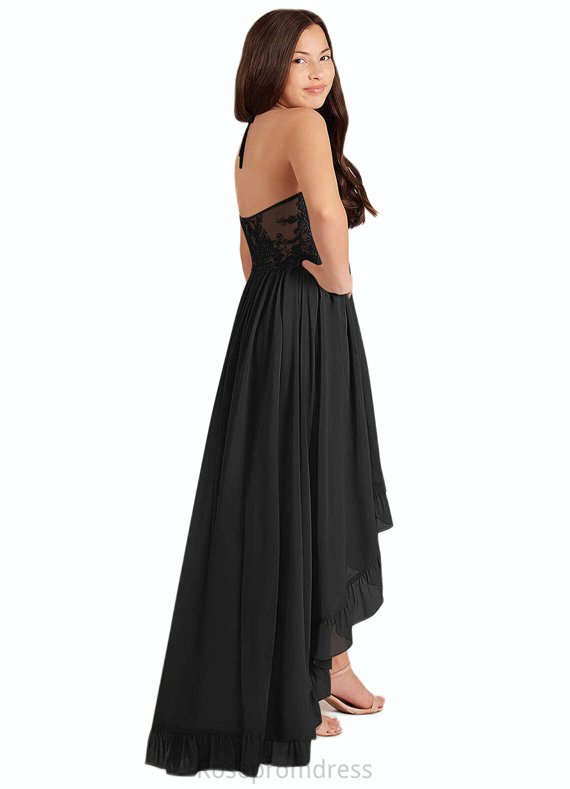 Laylah A-Line Lace Chiffon Asymmetrical Junior Bridesmaid Dress black SRSP0022855