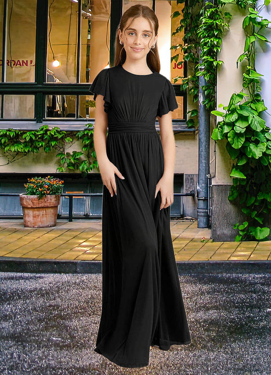 Tiana A-Line Ruched Mesh Floor-Length Junior Bridesmaid Dress black SRSP0022857