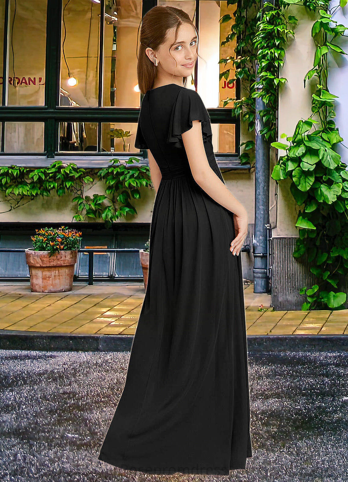 Tiana A-Line Ruched Mesh Floor-Length Junior Bridesmaid Dress black SRSP0022857