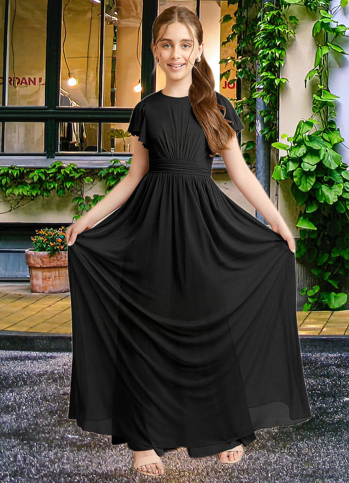 Tiana A-Line Ruched Mesh Floor-Length Junior Bridesmaid Dress black SRSP0022857