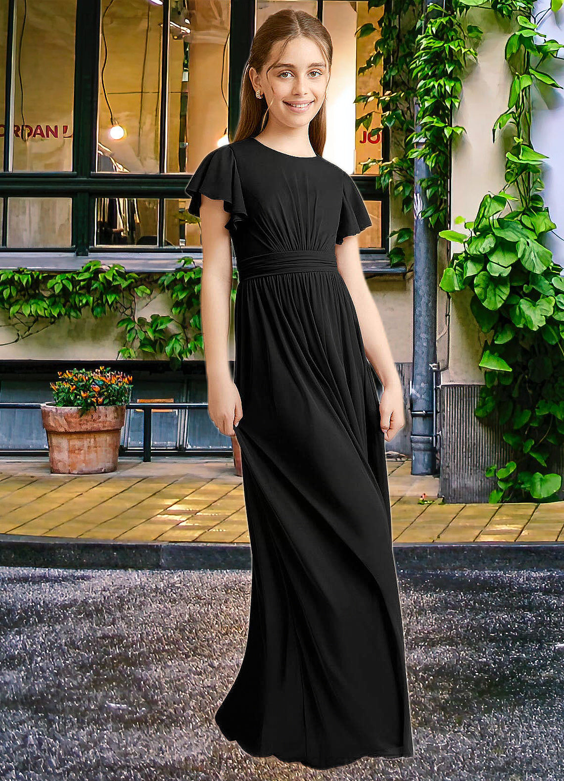 Tiana A-Line Ruched Mesh Floor-Length Junior Bridesmaid Dress black SRSP0022857