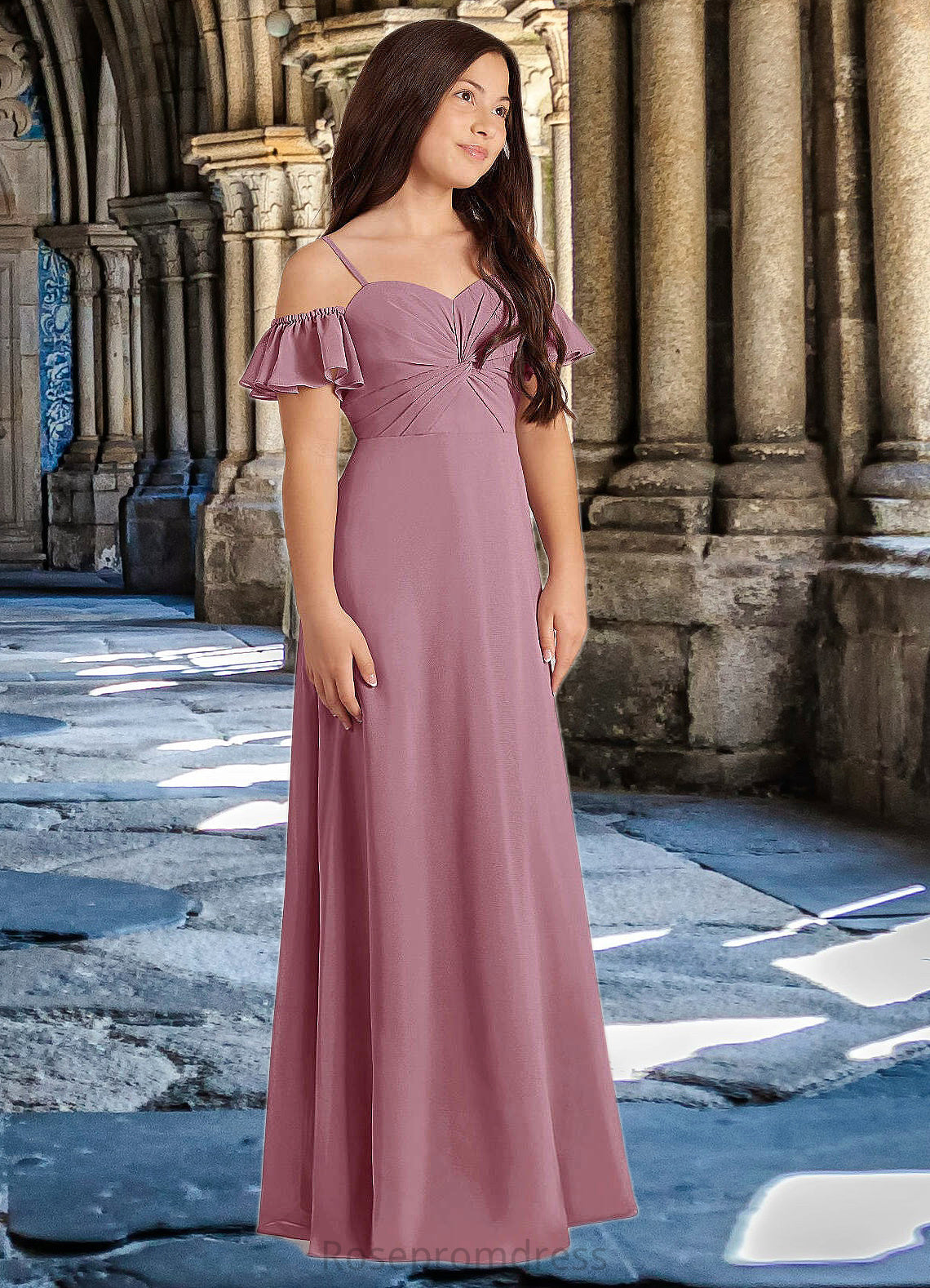 Nora A-Line Off the Shoulder Chiffon Floor-Length Junior Bridesmaid Dress Vintage Mauve SRSP0022859