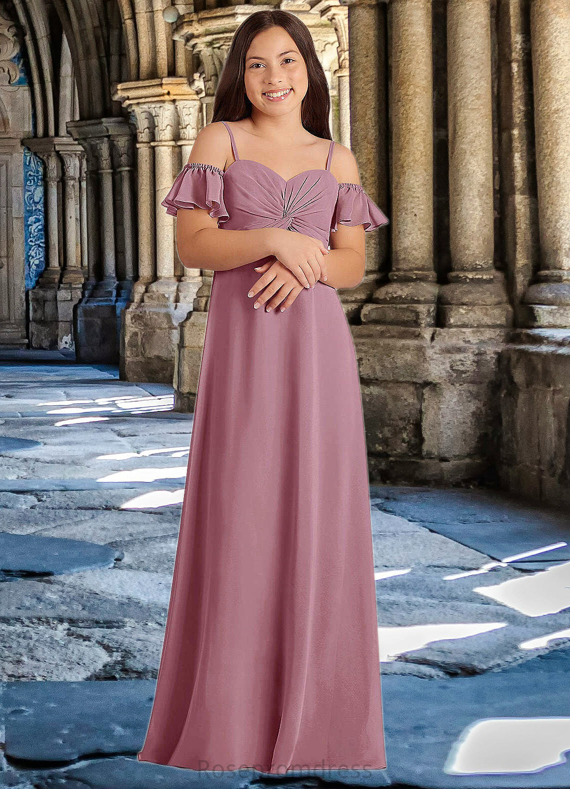 Nora A-Line Off the Shoulder Chiffon Floor-Length Junior Bridesmaid Dress Vintage Mauve SRSP0022859