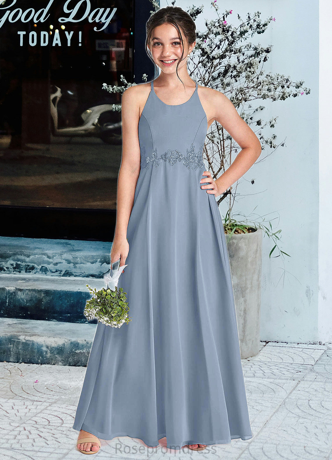 Maeve A-Line Lace Chiffon Floor-Length Junior Bridesmaid Dress dusty blue SRSP0022860