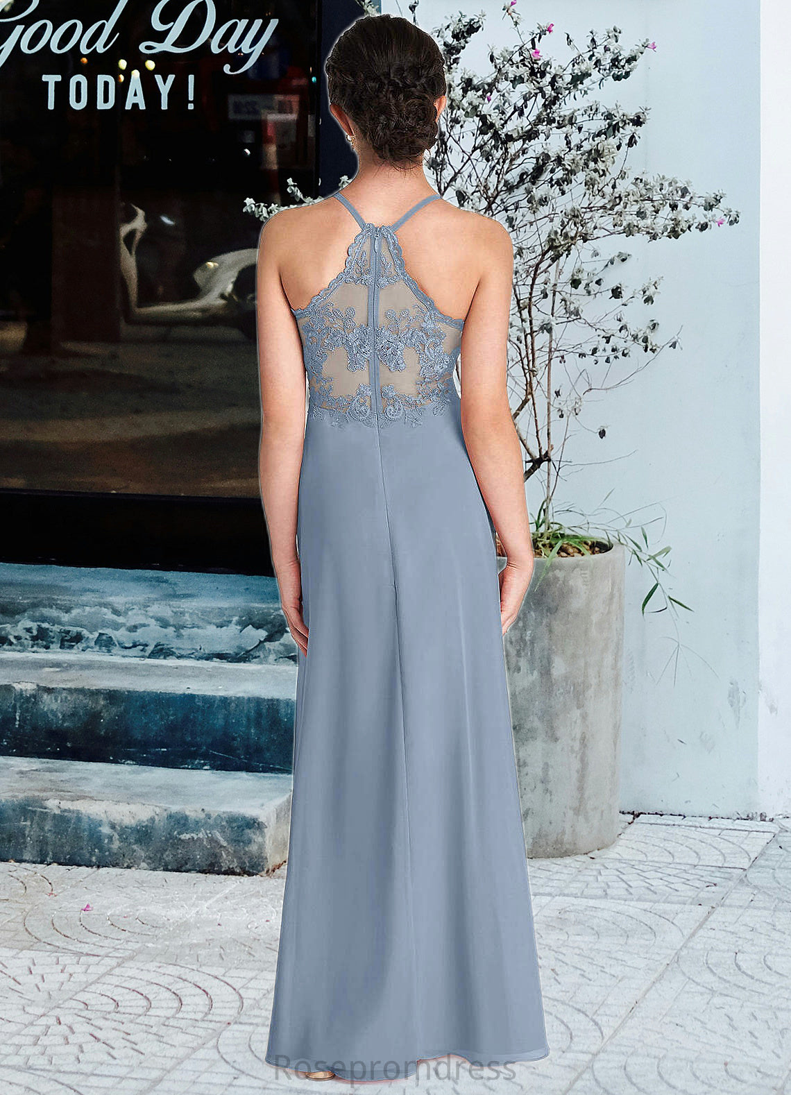 Maeve A-Line Lace Chiffon Floor-Length Junior Bridesmaid Dress dusty blue SRSP0022860