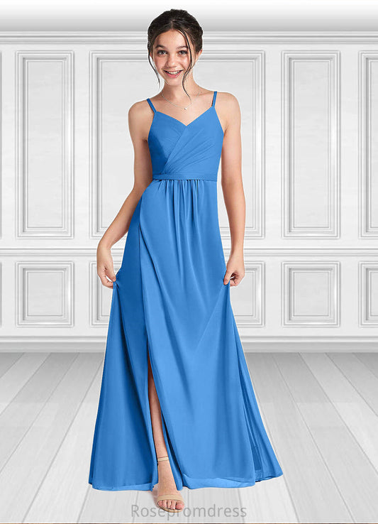 Anna Pleated Mesh Floor-Length Junior Bridesmaid Dress Blue Jay SRSP0022861