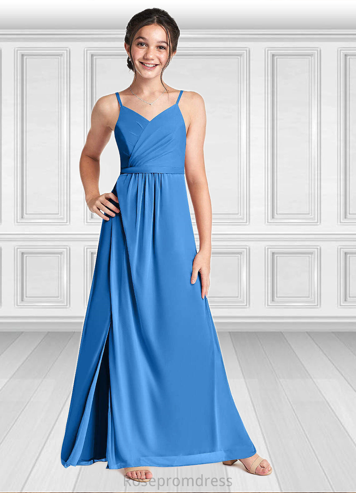 Anna Pleated Mesh Floor-Length Junior Bridesmaid Dress Blue Jay SRSP0022861