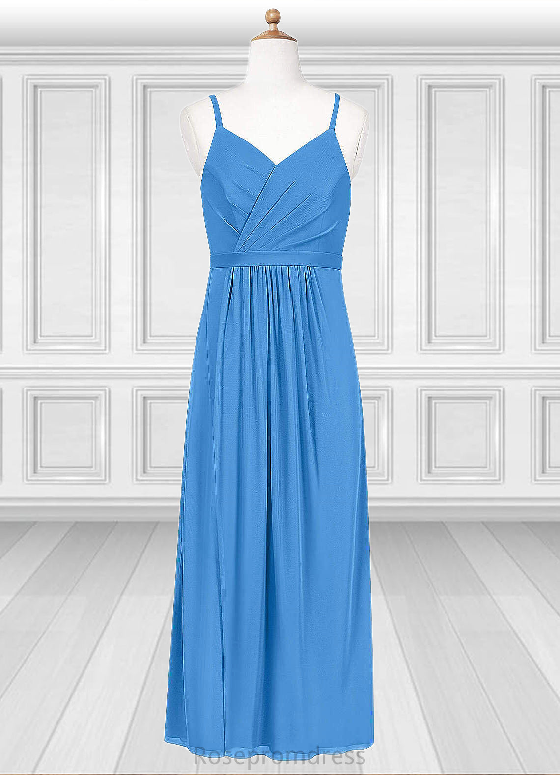 Anna Pleated Mesh Floor-Length Junior Bridesmaid Dress Blue Jay SRSP0022861