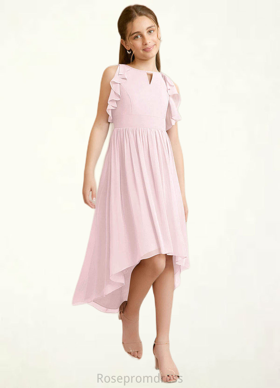 Kiana A-Line Ruched Chiffon Asymmetrical Junior Bridesmaid Dress Blushing Pink SRSP0022862