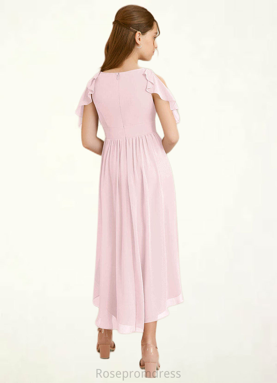 Kiana A-Line Ruched Chiffon Asymmetrical Junior Bridesmaid Dress Blushing Pink SRSP0022862