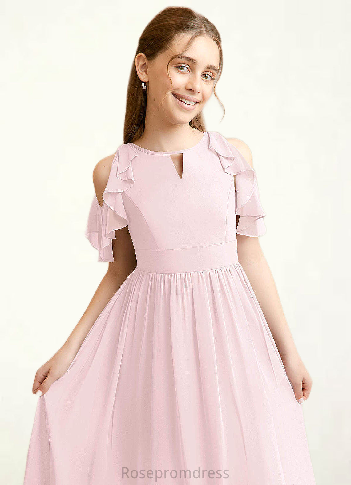 Kiana A-Line Ruched Chiffon Asymmetrical Junior Bridesmaid Dress Blushing Pink SRSP0022862