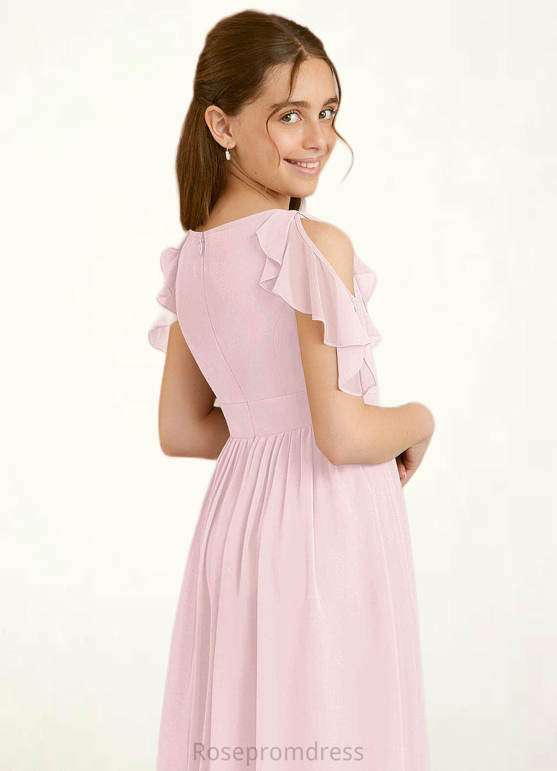 Kiana A-Line Ruched Chiffon Asymmetrical Junior Bridesmaid Dress Blushing Pink SRSP0022862