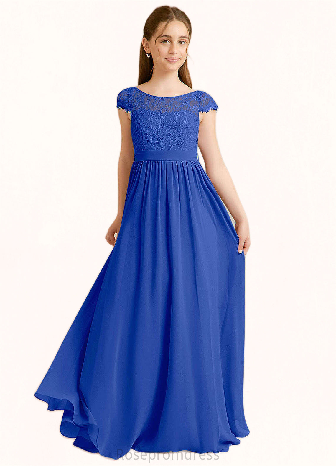 Nadine A-Line Pleated Chiffon Floor-Length Junior Bridesmaid Dress Royal Blue SRSP0022863