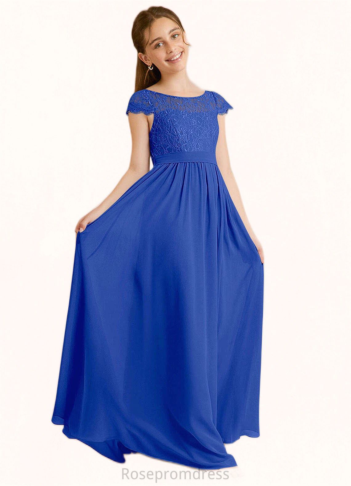 Nadine A-Line Pleated Chiffon Floor-Length Junior Bridesmaid Dress Royal Blue SRSP0022863