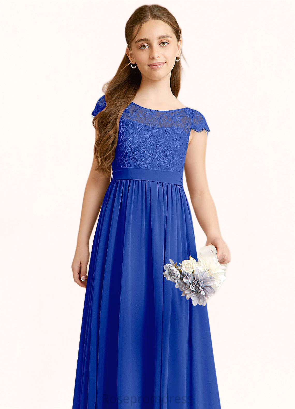 Nadine A-Line Pleated Chiffon Floor-Length Junior Bridesmaid Dress Royal Blue SRSP0022863