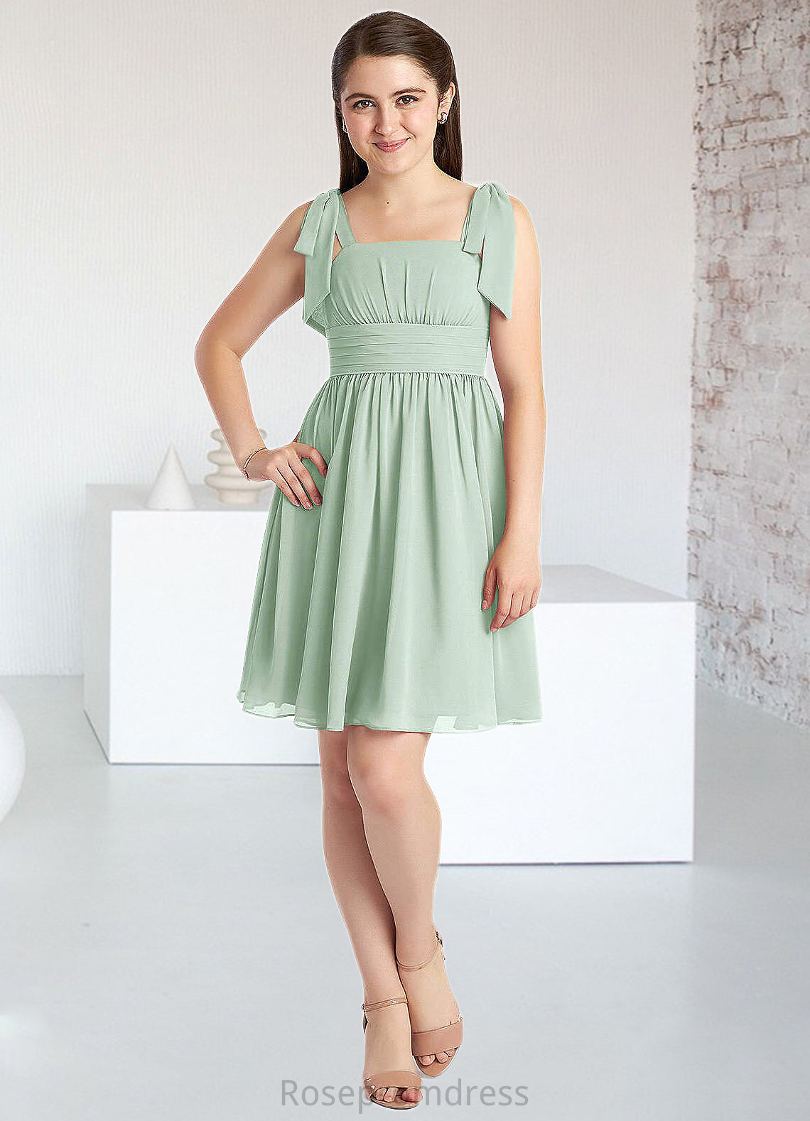 Madge A-Line Pleated Chiffon Mini Junior Bridesmaid Dress Agave SRSP0022864