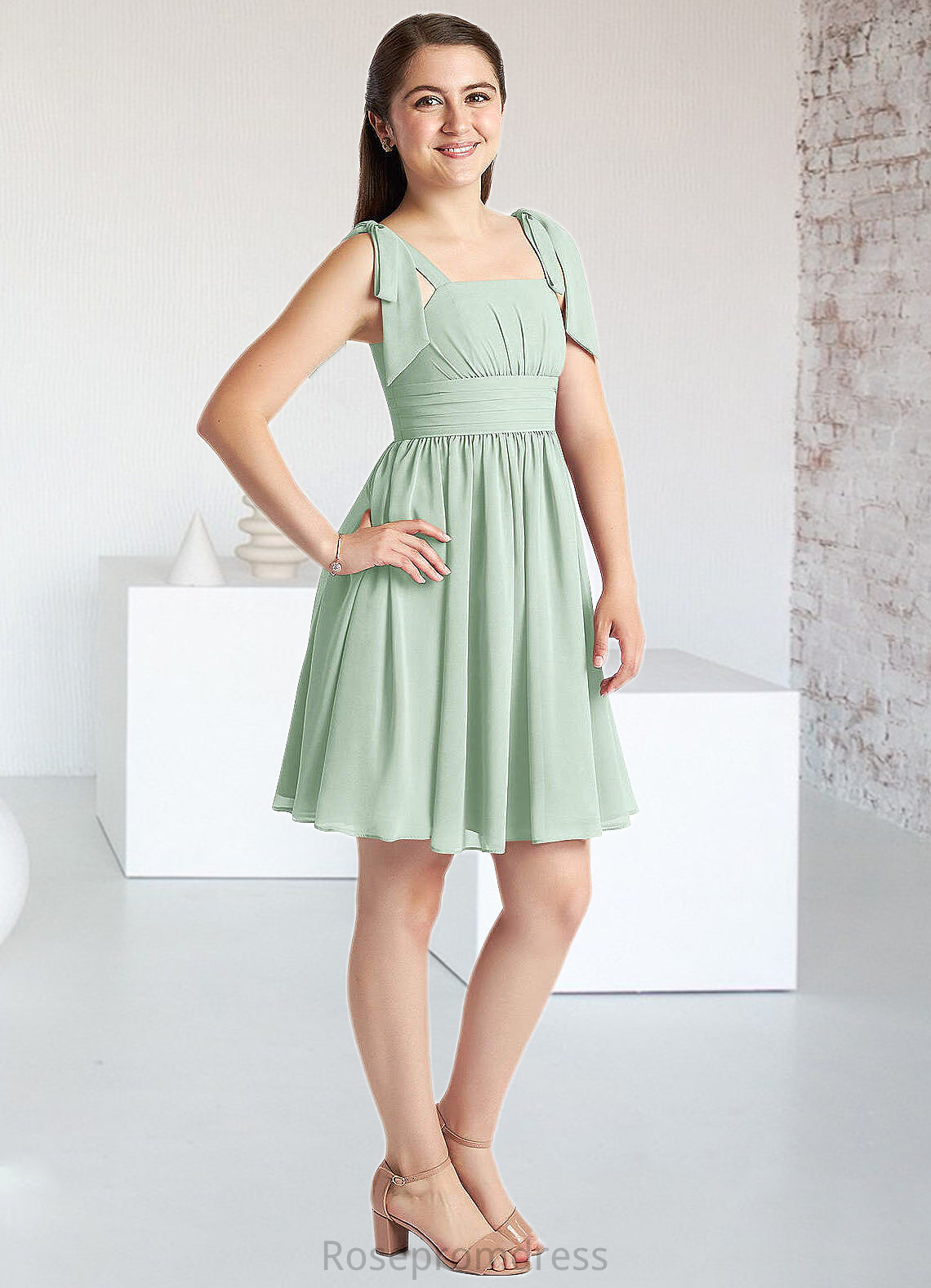 Madge A-Line Pleated Chiffon Mini Junior Bridesmaid Dress Agave SRSP0022864