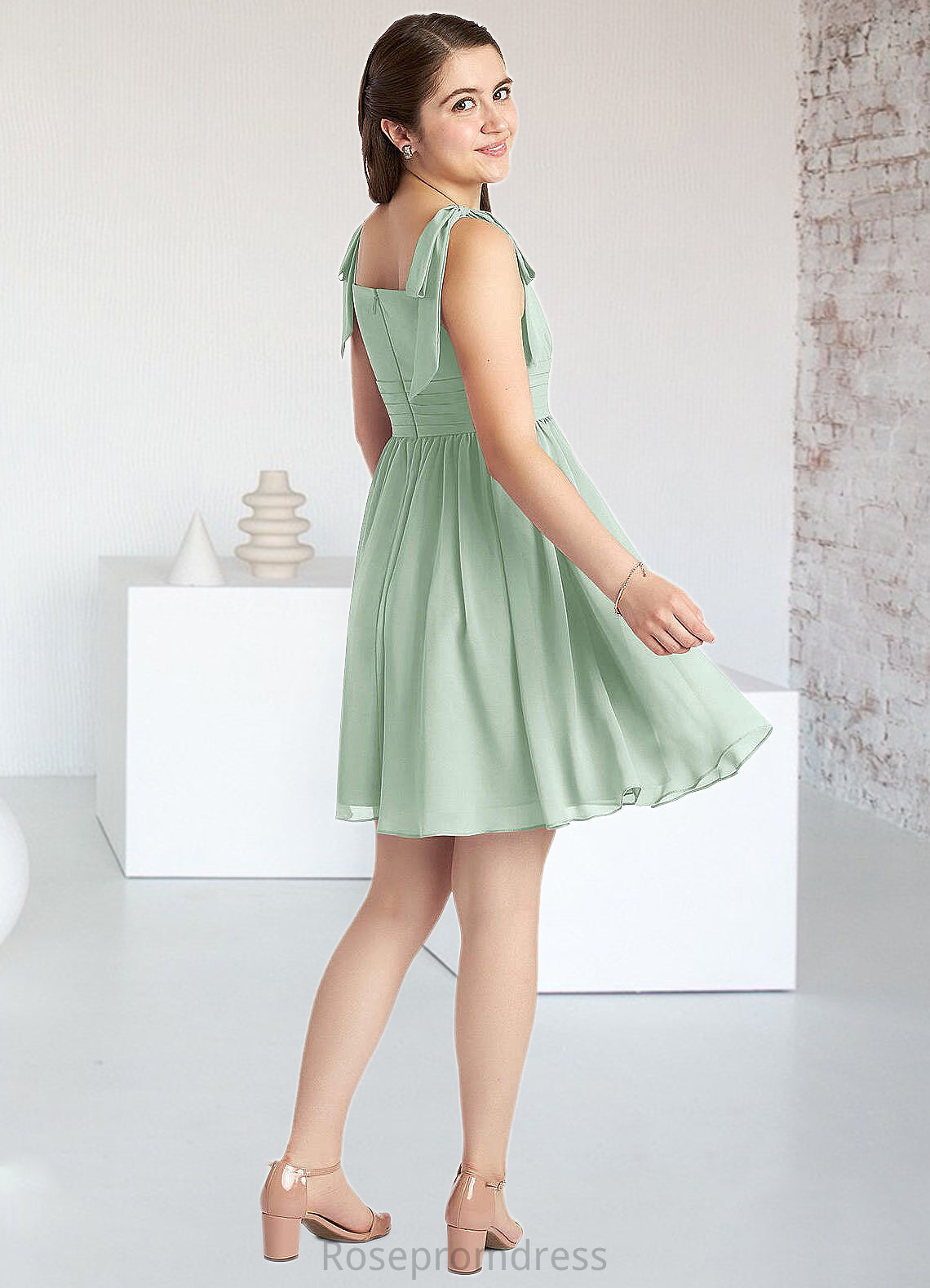 Madge A-Line Pleated Chiffon Mini Junior Bridesmaid Dress Agave SRSP0022864