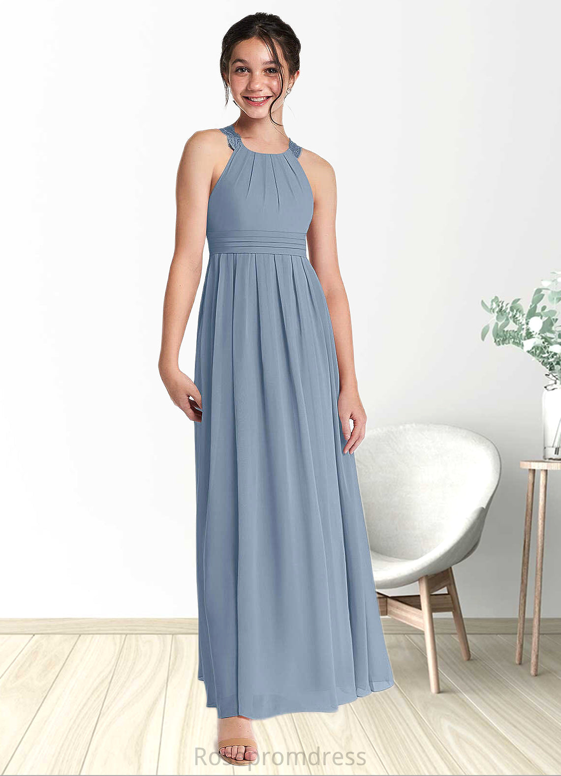 Melinda A-Line Lace Chiffon Floor-Length Junior Bridesmaid Dress dusty blue SRSP0022871