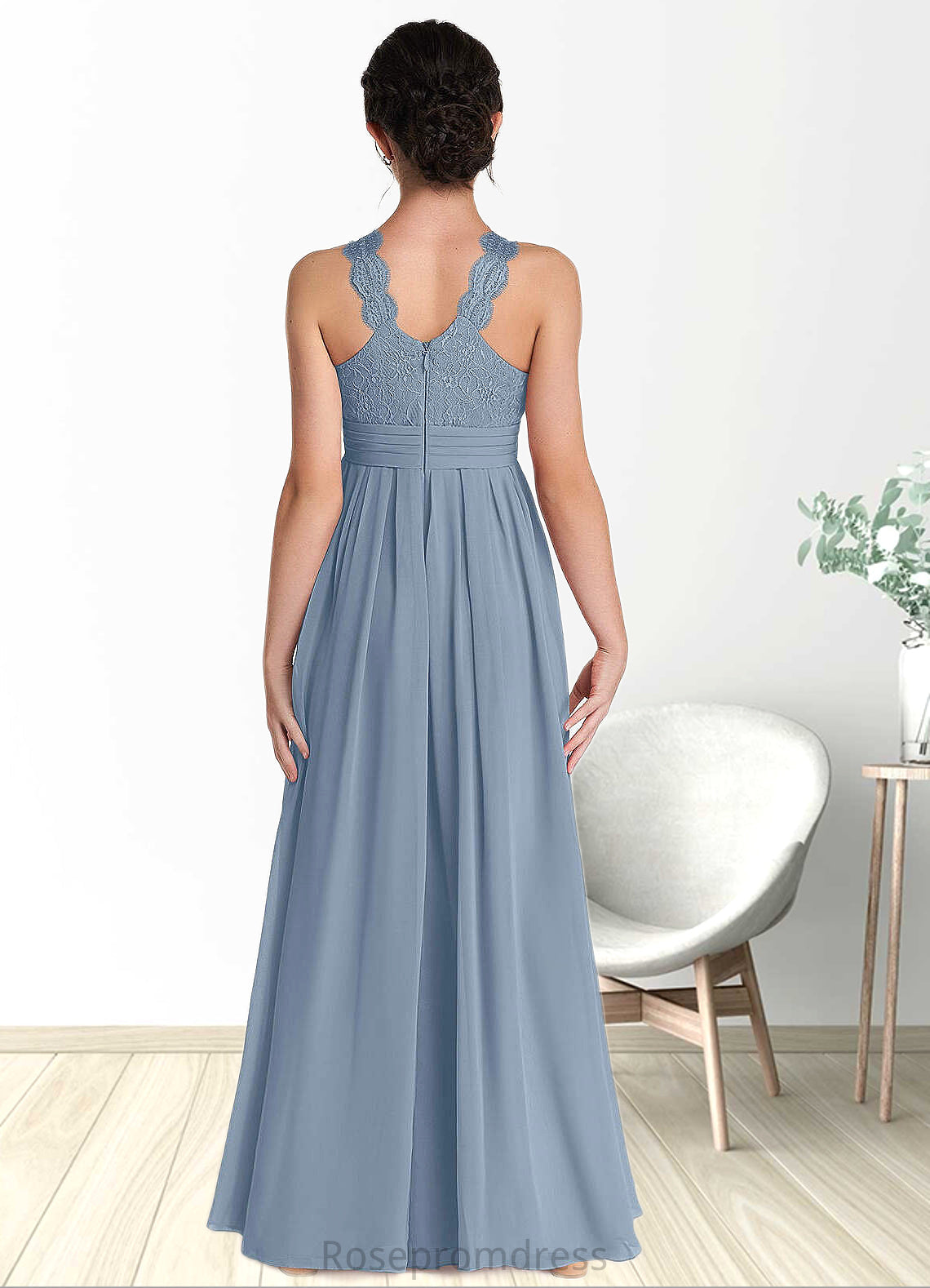 Melinda A-Line Lace Chiffon Floor-Length Junior Bridesmaid Dress dusty blue SRSP0022871