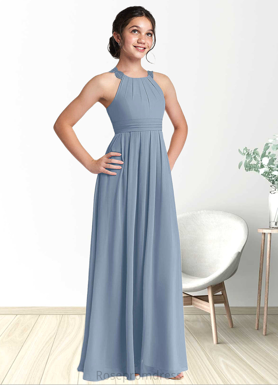 Melinda A-Line Lace Chiffon Floor-Length Junior Bridesmaid Dress dusty blue SRSP0022871