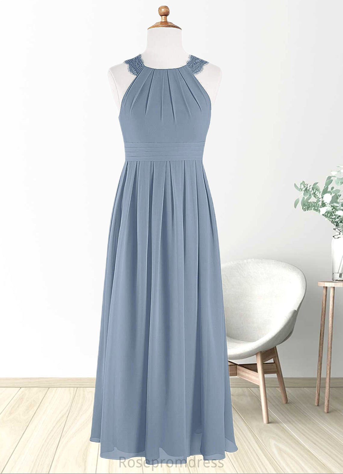 Melinda A-Line Lace Chiffon Floor-Length Junior Bridesmaid Dress dusty blue SRSP0022871