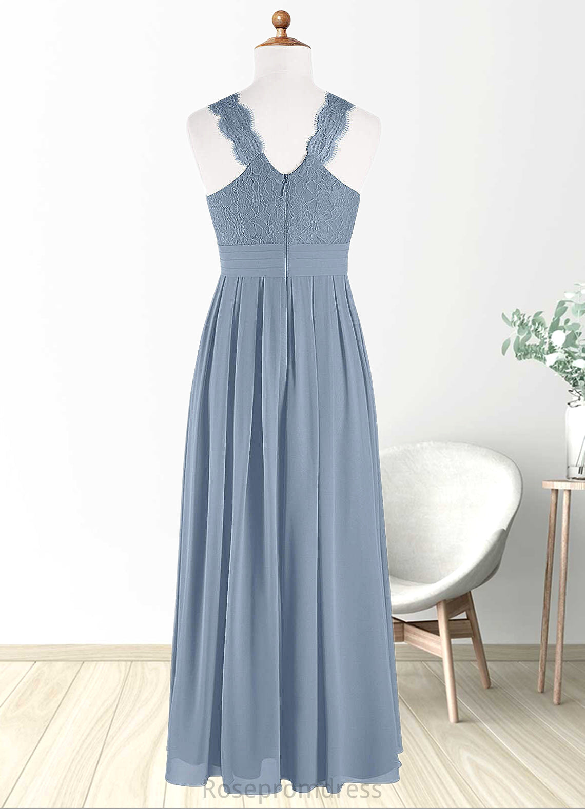 Melinda A-Line Lace Chiffon Floor-Length Junior Bridesmaid Dress dusty blue SRSP0022871