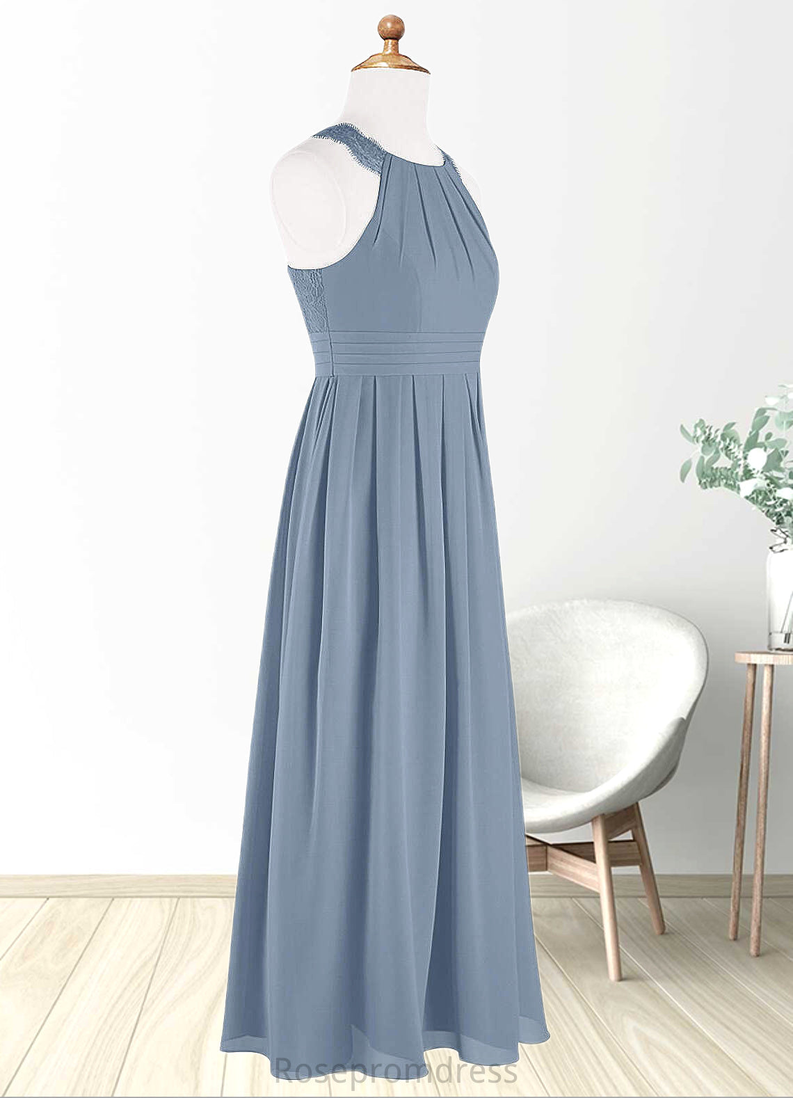 Melinda A-Line Lace Chiffon Floor-Length Junior Bridesmaid Dress dusty blue SRSP0022871