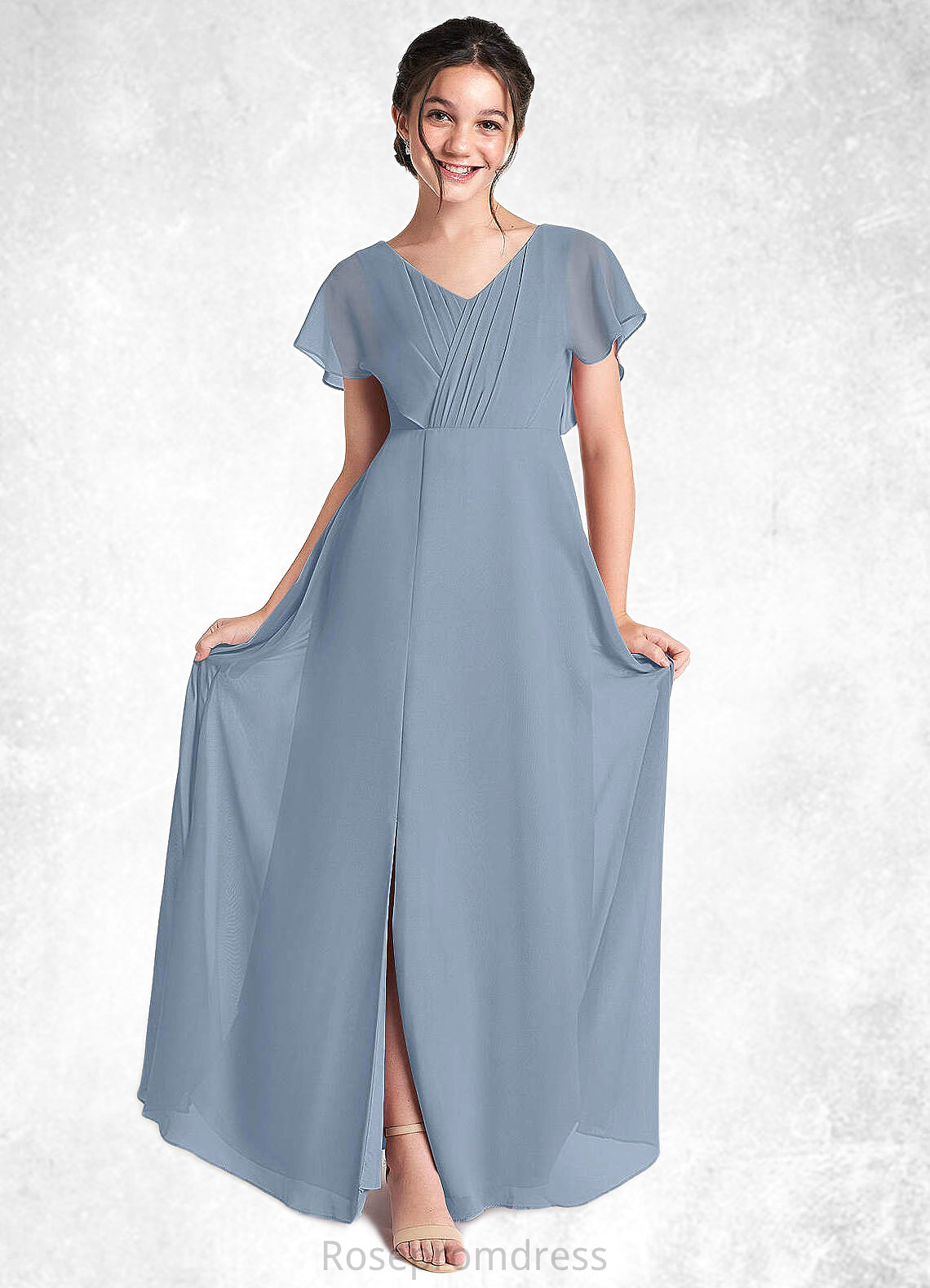 Lacey A-Line Ruched Chiffon Floor-Length Junior Bridesmaid Dress dusty blue SRSP0022872