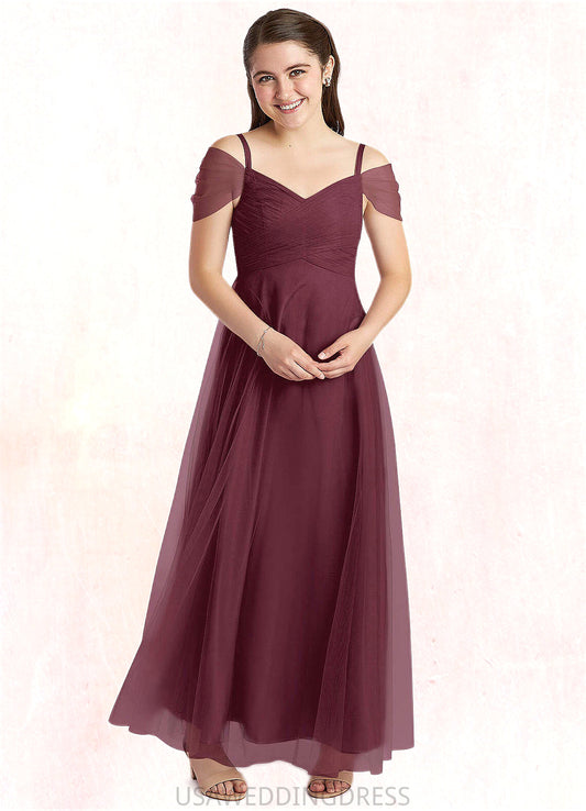 Kaiya A-Line Off the Shoulder Tulle Floor-Length Junior Bridesmaid Dress Cabernet DSP0022873