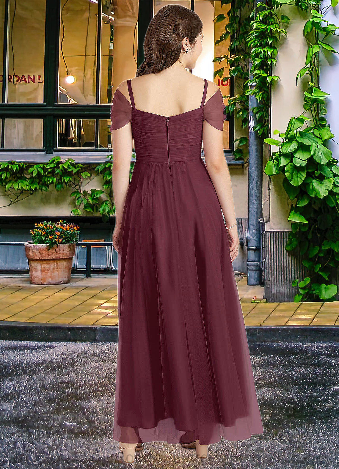 Leticia A-Line Off the Shoulder Tulle Floor-Length Junior Bridesmaid Dress Cabernet SRSP0022873