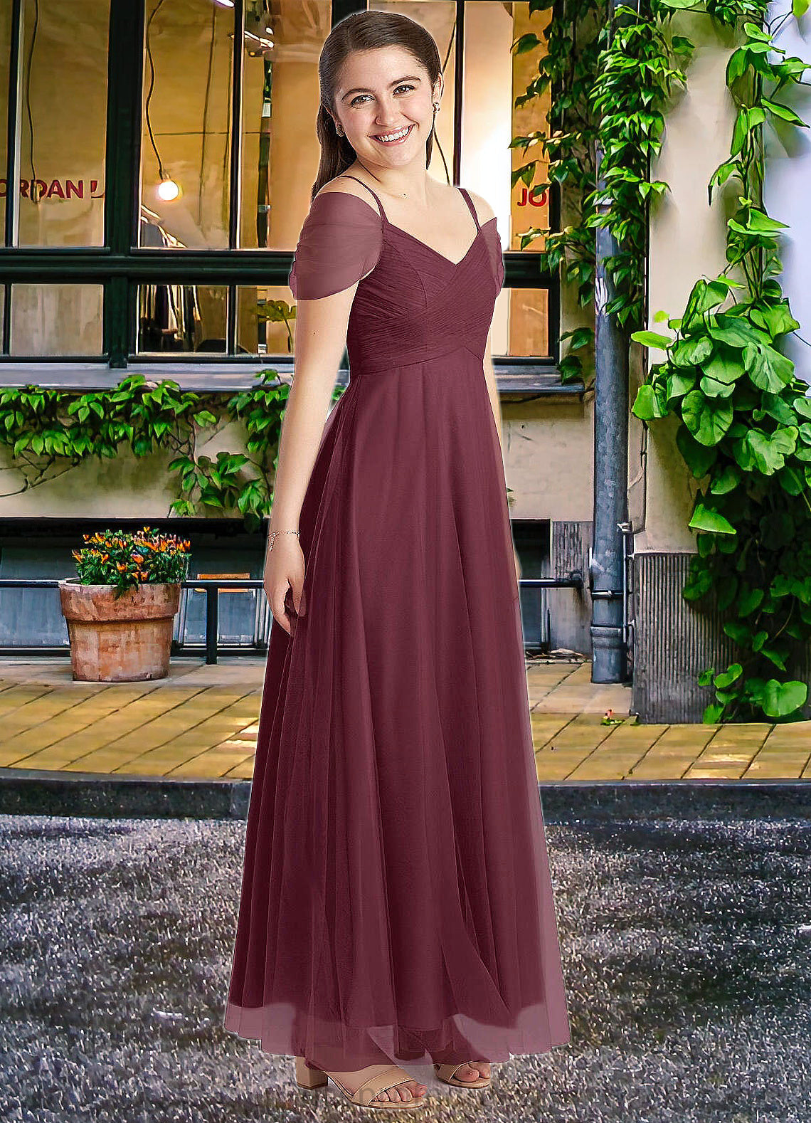 Leticia A-Line Off the Shoulder Tulle Floor-Length Junior Bridesmaid Dress Cabernet SRSP0022873