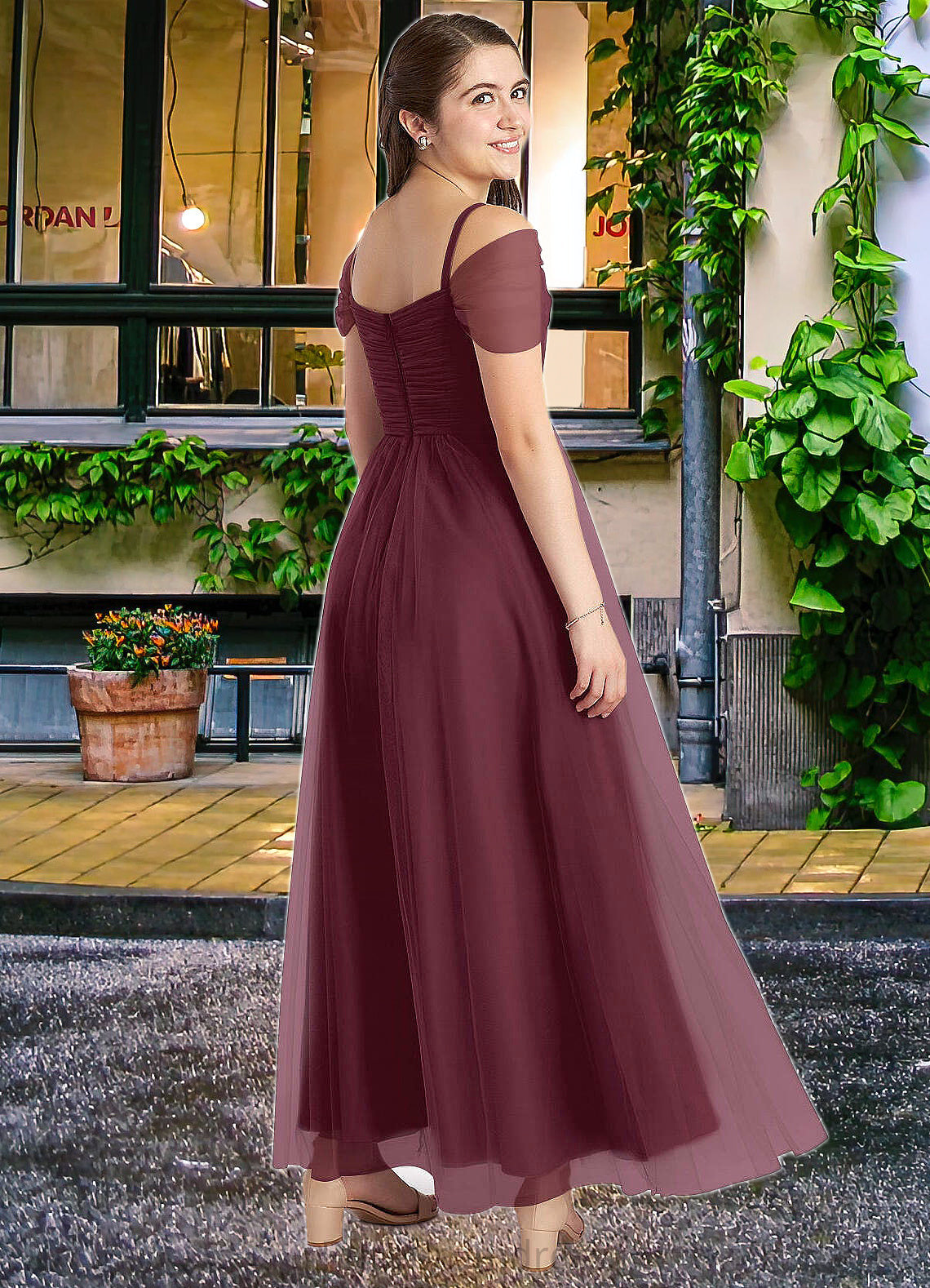 Leticia A-Line Off the Shoulder Tulle Floor-Length Junior Bridesmaid Dress Cabernet SRSP0022873