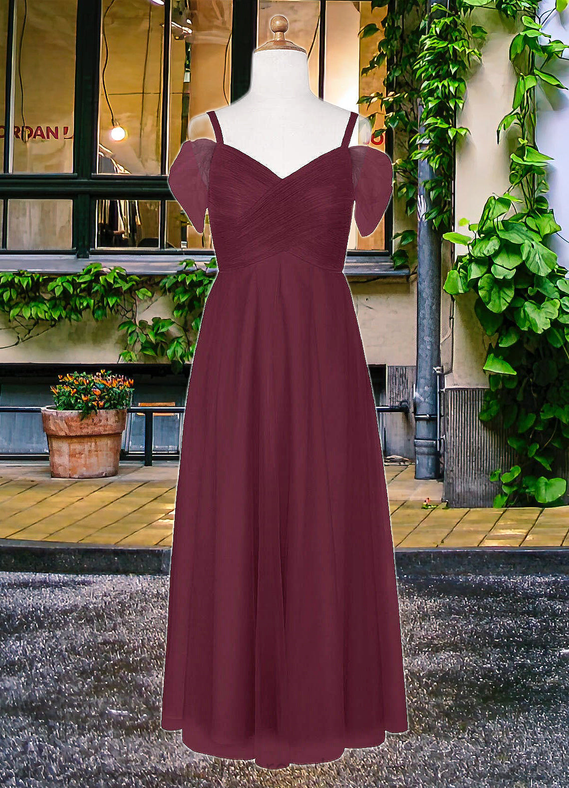 Leticia A-Line Off the Shoulder Tulle Floor-Length Junior Bridesmaid Dress Cabernet SRSP0022873