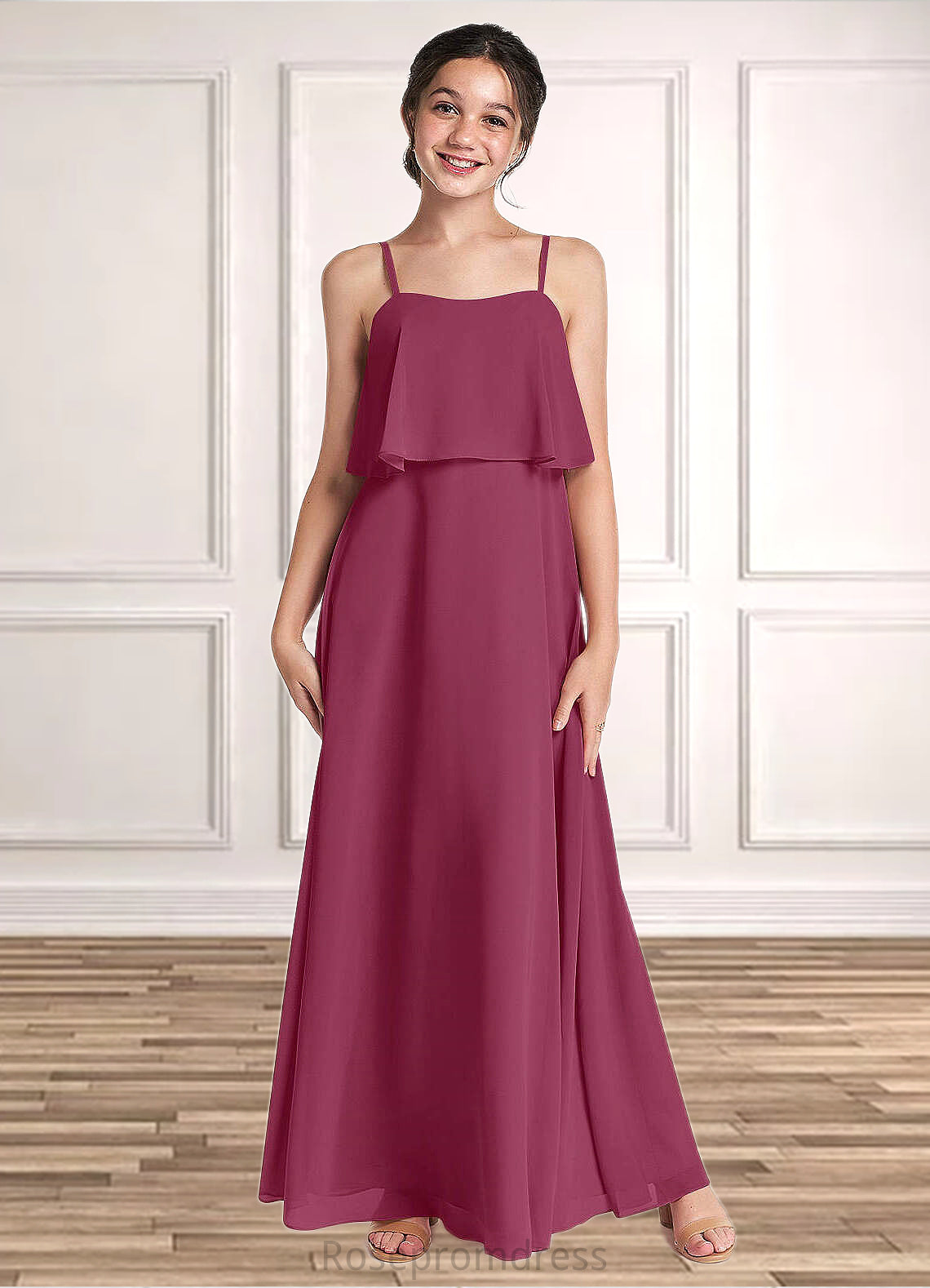 Annabelle A-Line Ruched Chiffon Floor-Length Junior Bridesmaid Dress Mulberry SRSP0022874