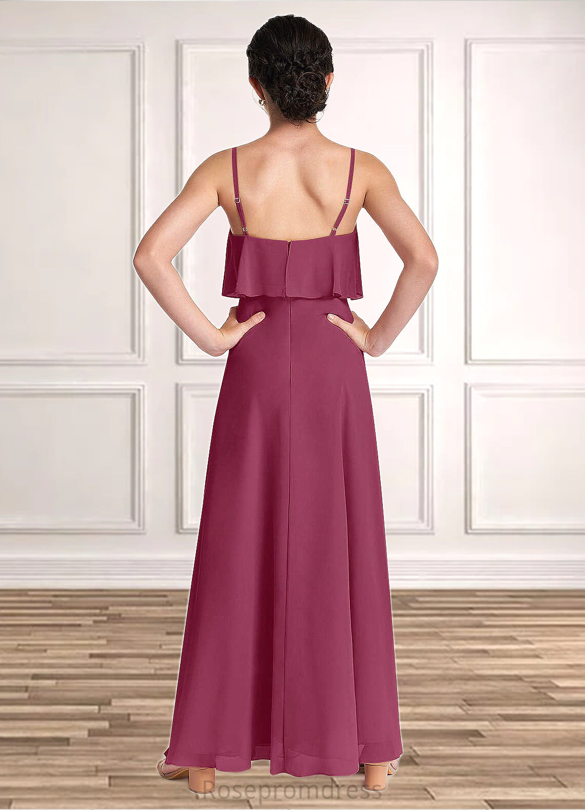 Annabelle A-Line Ruched Chiffon Floor-Length Junior Bridesmaid Dress Mulberry SRSP0022874