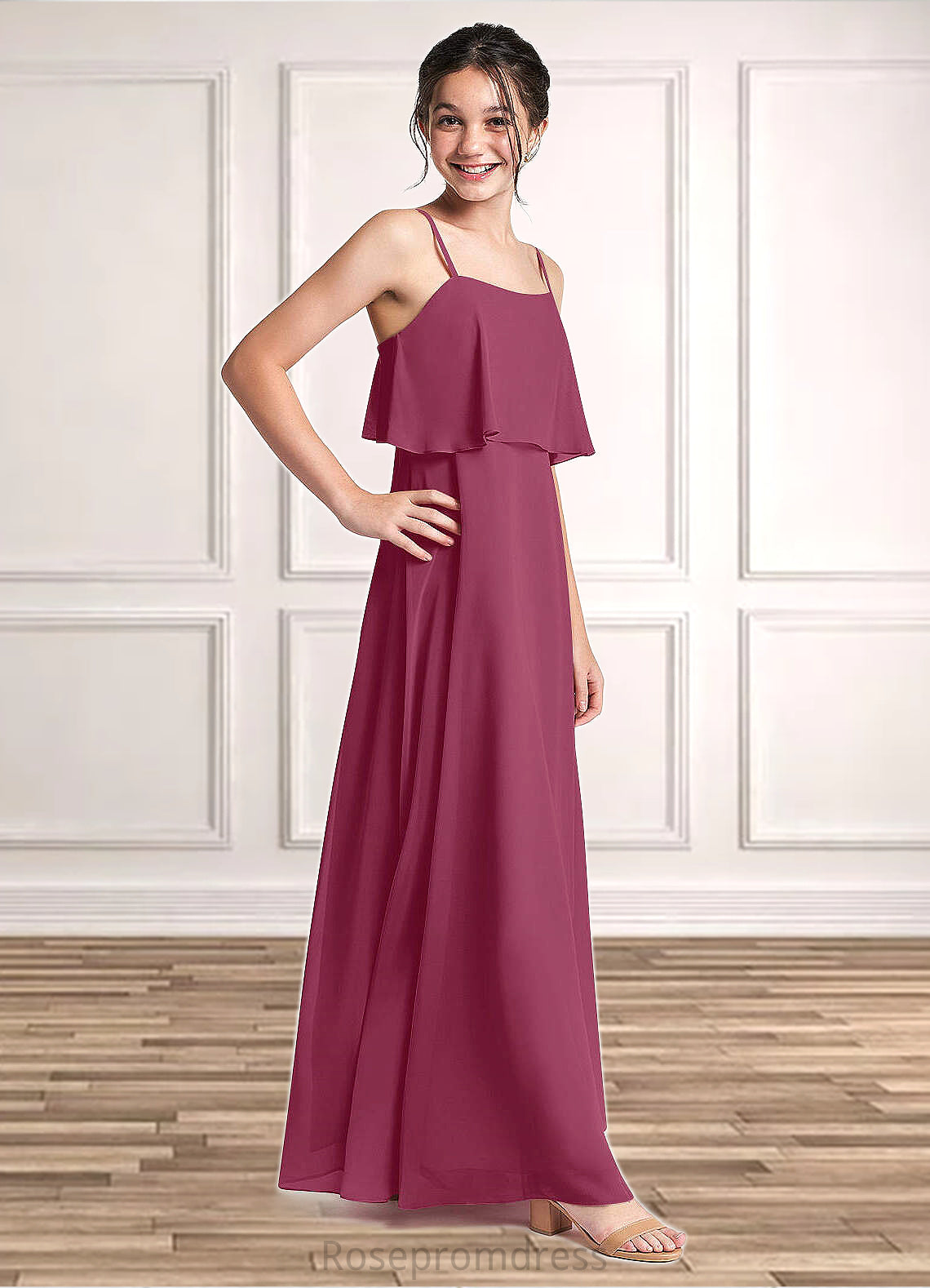 Annabelle A-Line Ruched Chiffon Floor-Length Junior Bridesmaid Dress Mulberry SRSP0022874