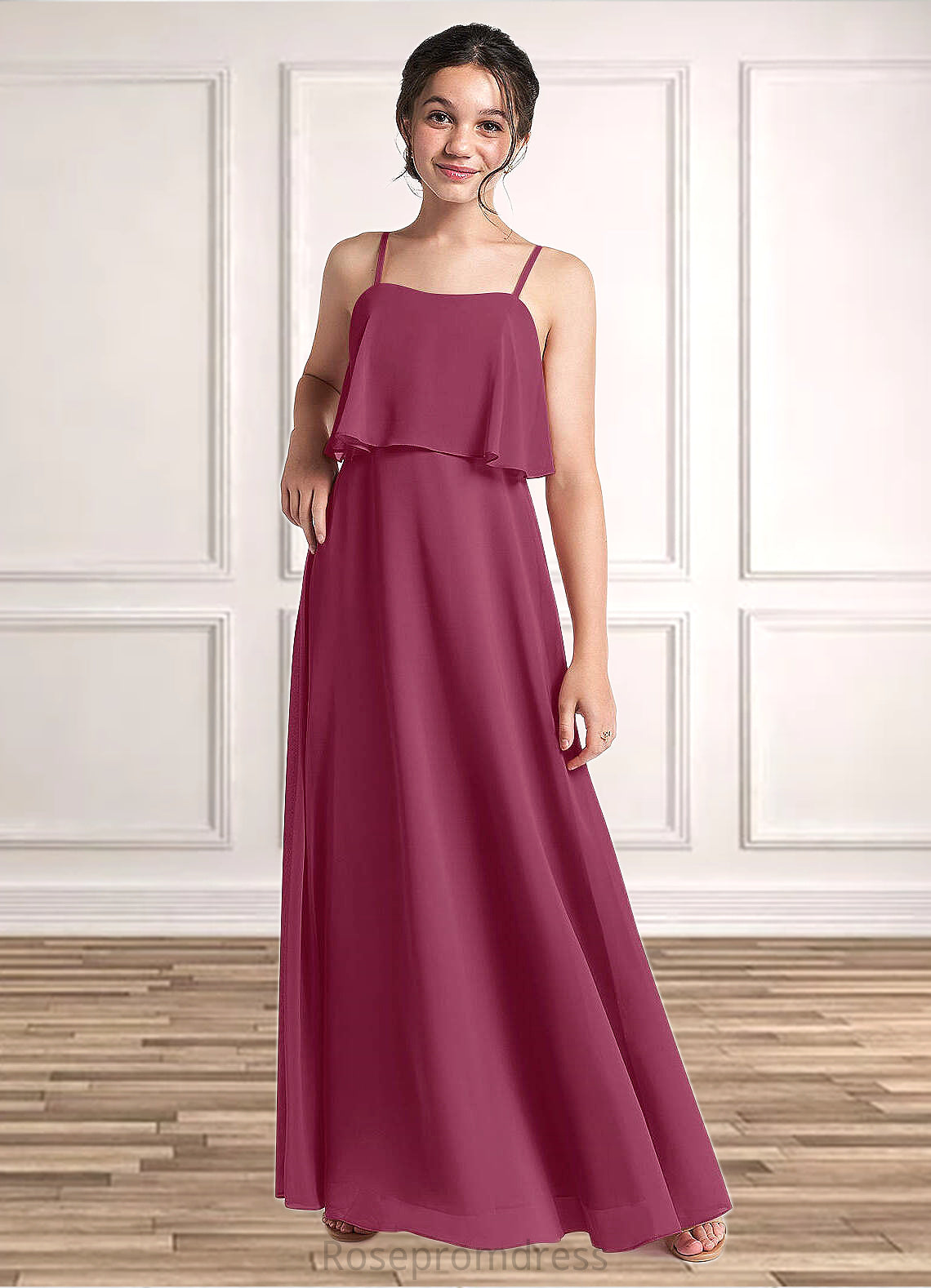 Annabelle A-Line Ruched Chiffon Floor-Length Junior Bridesmaid Dress Mulberry SRSP0022874